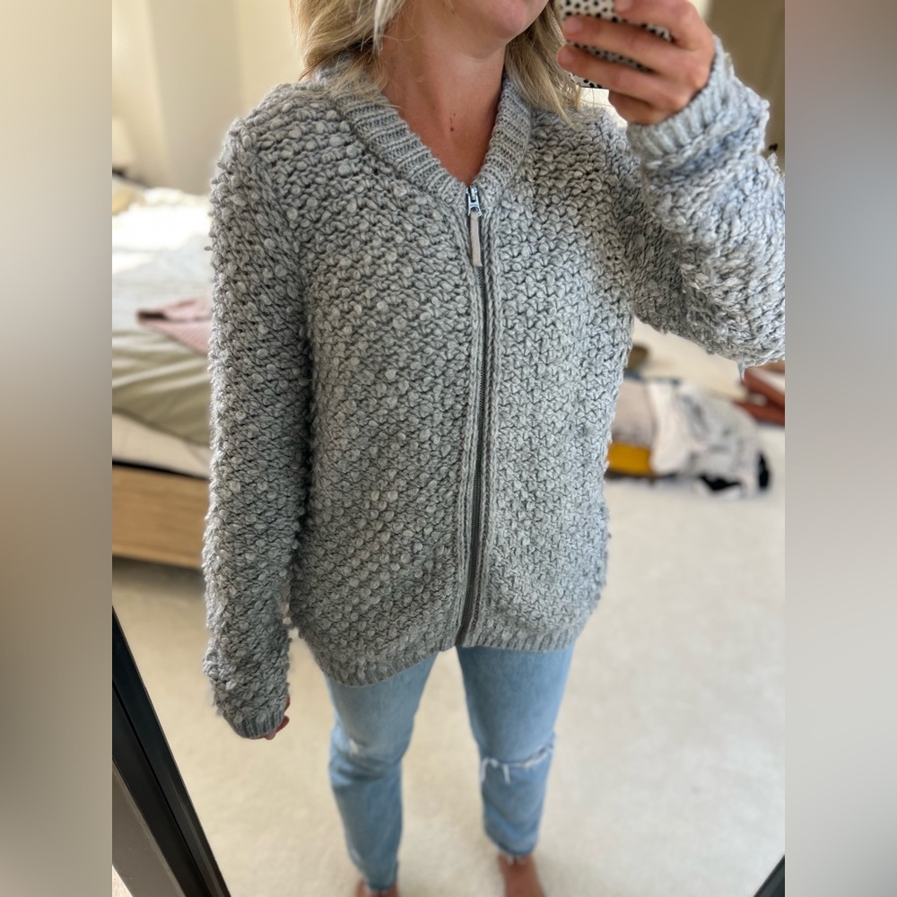 Lucky Brand Looped Knit Grey Full Zip Sweater